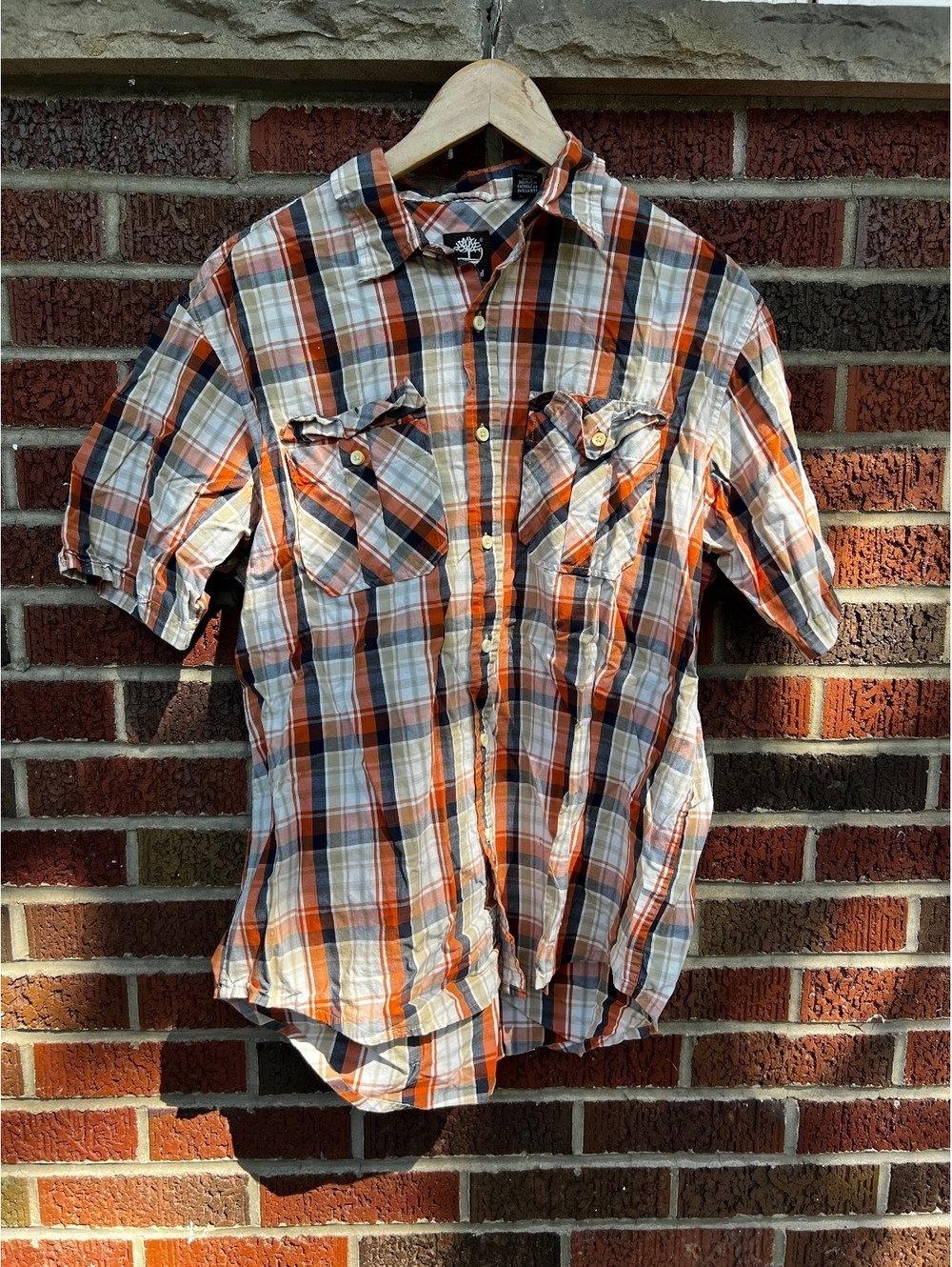 Timberland Beige and Orange Plaid Button Down Short Sleeve Shirt